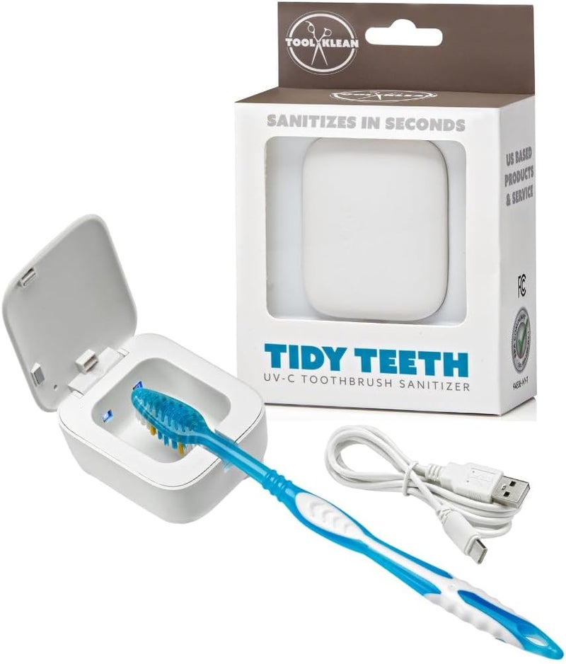 Tool Klean معقم فرشاة الأسنان Tidy Teeth UV - حامل فرشاة الأسنان اللاسلكي المحمول بتقنية UVC - تنظيف وتعقيم - سطح الحمام المنزلي والسفر - علبة تنظيف قابلة لإعادة الشحن عبر USB مع تثبيت على الحائط (1-عبوة) - Image 1